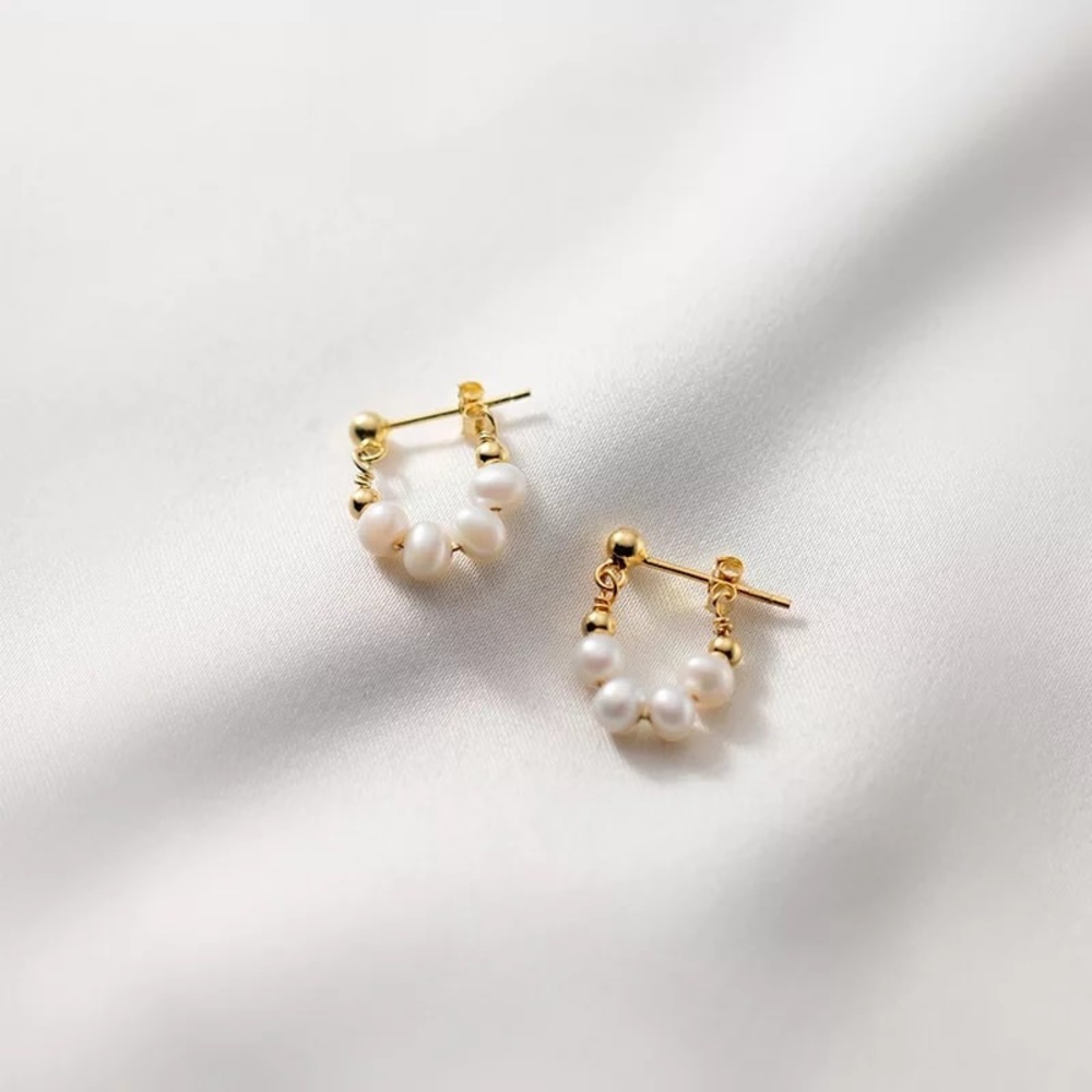 Gold Fresh Water Pearl Hoop Earrings 925 Sterling Silver 18K Plated Gold